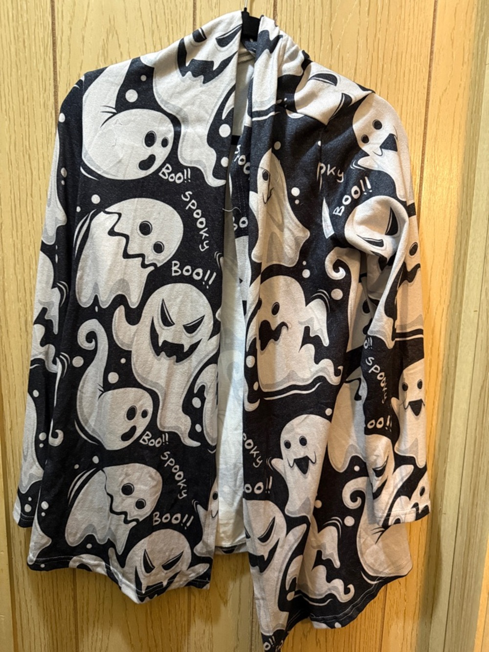 5/$20 - Ghost Print Open Cardigan - Black & White Halloween Print